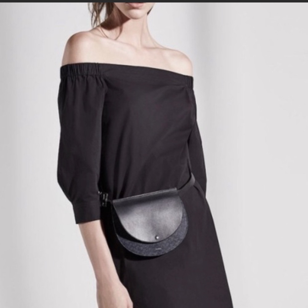 Theory black leather and denim hip pouch with silver hardware & adjustable strap